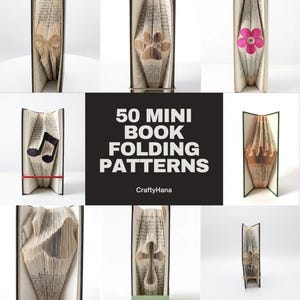 Peut inclure: Une collection de 50 mini modèles de pliage de livres par CraftyHana, présentant diverses sculptures de livres pliés, notamment un cœur, une empreinte de patte, une fleur rose, une note de musique, une croix et d'autres formes géométriques.