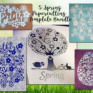 Op de afbeelding: Een verzameling van vijf sjablonen voor papiersnijden met lentethema. Ontwerpen omvatten bloemstukken, een paasei, een boom met een schaap en een konijn, en het woord "Spring". De sjablonen zijn in verschillende kleuren, waaronder hout, blauw en glitter.