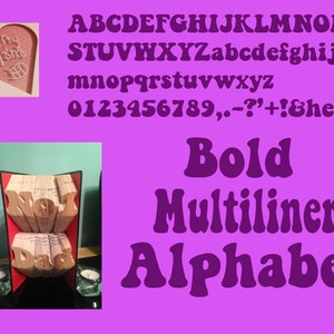 Könnte beinhalten: Auf einem lila Hintergrund wird ein fettgedrucktes, mehrzeiliges Alphabet in einer abgerundeten Schriftart dargestellt. Das Bild enthält Groß- und Kleinbuchstaben, Zahlen und Symbole. Eine gefaltete Buchskulptur buchstabiert "Not Dad". Ein herzförmiger Ausschnitt ist ebenfalls sichtbar.