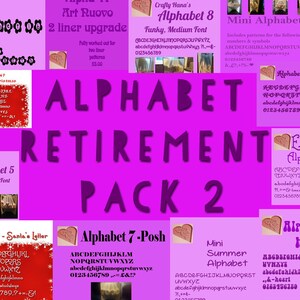 May include: A purple background with the text "ALPHABET RETIREMENT PACK 2" in large, bold, purple letters.  The image features several different alphabet fonts, each with a unique style and name, such as "Art Nuovo", "Crafty Hana's Alphabet 8", "Mini Alphabet 2", "Alphabet 15 - Special", "Extravagant Alphabet 30", "Alphabet 48 - Santa's Letter", "Alphabet 7 - Posh", "Mini Summer Alphabet", and "Alphabet 32 - Hippy".