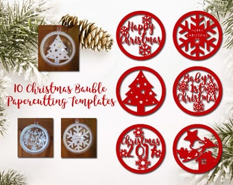 Papercutting Templates - Christmas Baubles Set - 6 Designs + 4 Blanks to add Names - DIY Christmas Decorations - Instant Download PDF JPEG