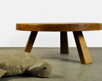 Brutalist vintage massive oakwood round coffee table, 1970s