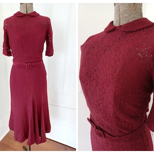 1930s Burgundy Lace Day Dress, with Original Slip Dress and Belt