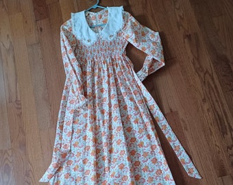 1970s Orange on White Calico Maxi Dress with Puritan Collar