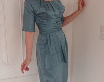 1950s Steel Blue Silk Wiggle Dress with Cummerbund Waist