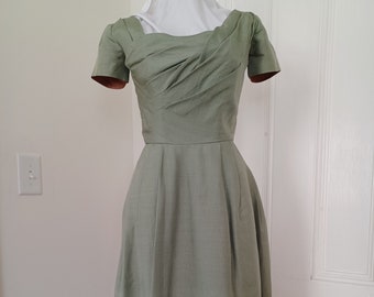 1950s Sage Green Silk Dress with Tulip Style Skirt - &quot;Sak&#39;s Fifth Avenue&quot;