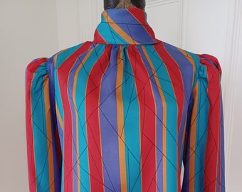 1980s Striped Blouse with Back Button Closure and Neck Tie - M