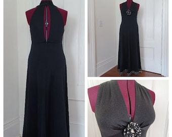 1970s Slinky Black Maxi Dress with Polka Dot Trim (M/L)