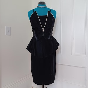 1980s Black Velvet Cocktail Dress with Peplum - &quot;Night Way&quot; (S/M)