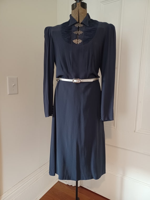 Late 1930s/Early 1940s Blue Crepe Rayon Dress wit… - image 2