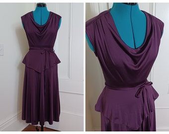 1970s Polyester Disco Dress with Draped Neckline and Peplum