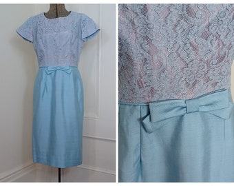 1950s /Early 1960s Powder Blue Dress with Lace Overlay Bodice - "Topaz Originals" (M)