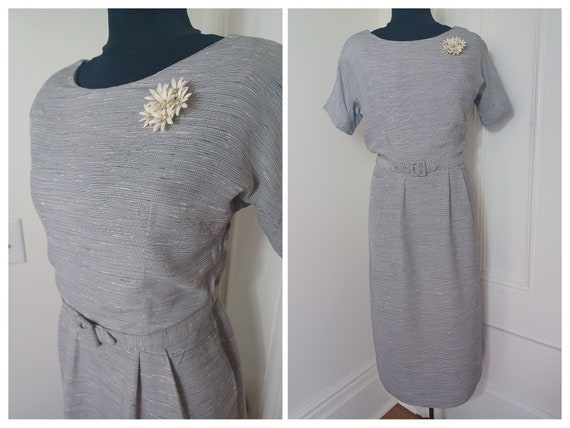 1950s Textured Weave Sheath Dress with Original B… - image 1