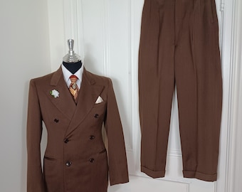 1940's Men's Double Breasted 3-Piece Suit with Peaked Lapels, High Rise Pleated Trousers (S)