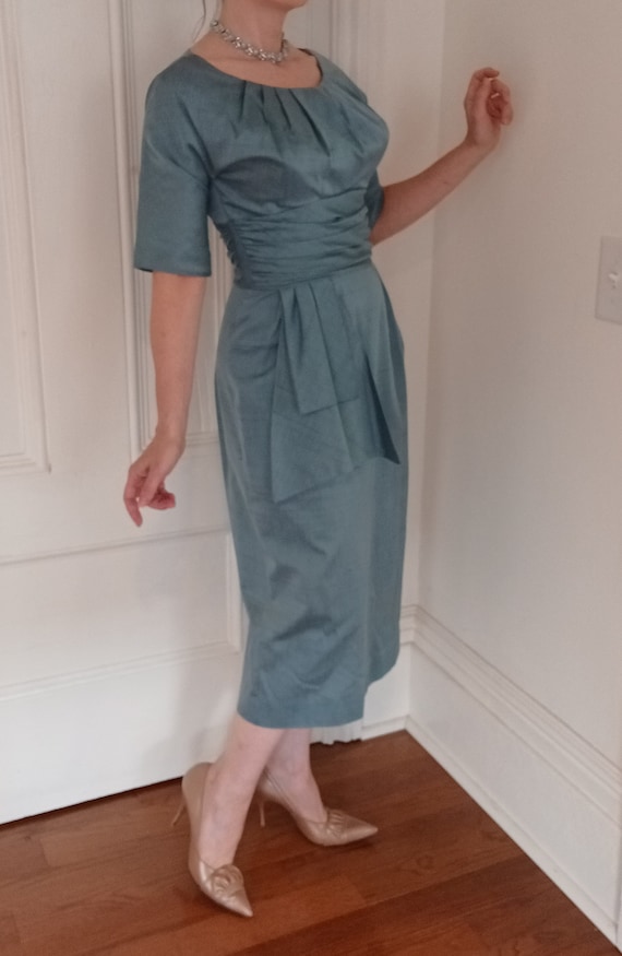 1950s Steel Blue Silk Wiggle Dress with Cummerbund