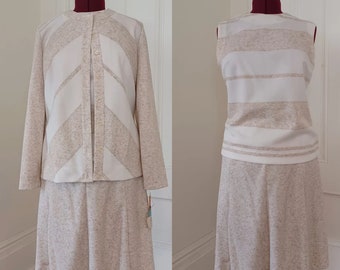 1970s 3-pc Skirt Set in Cream and White - "R & K Knits" (M/L)