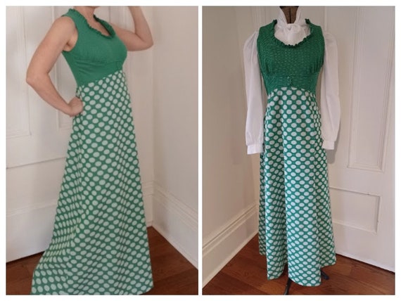 1970s Maxi Dress with Empire Waist in Swiss Dot P… - image 1