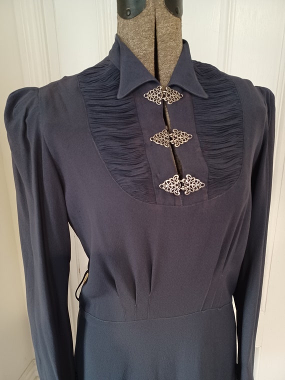 Late 1930s/Early 1940s Blue Crepe Rayon Dress wit… - image 3