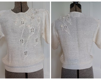 1980's Puff Sleeve Sweater with Shoulder Pads, Beads - "Christine" (S)