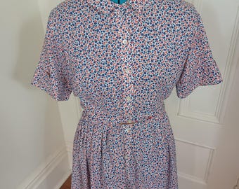 1950s Red, White and Blue Floral Print Day Dress - "Country Miss" (M/L)
