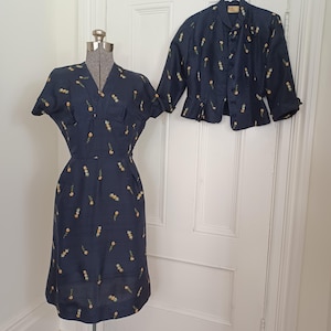 1950s Blue Silk Floral Print Dress and Jacket Set - &quot;R&K Originals&quot; (S/XS)