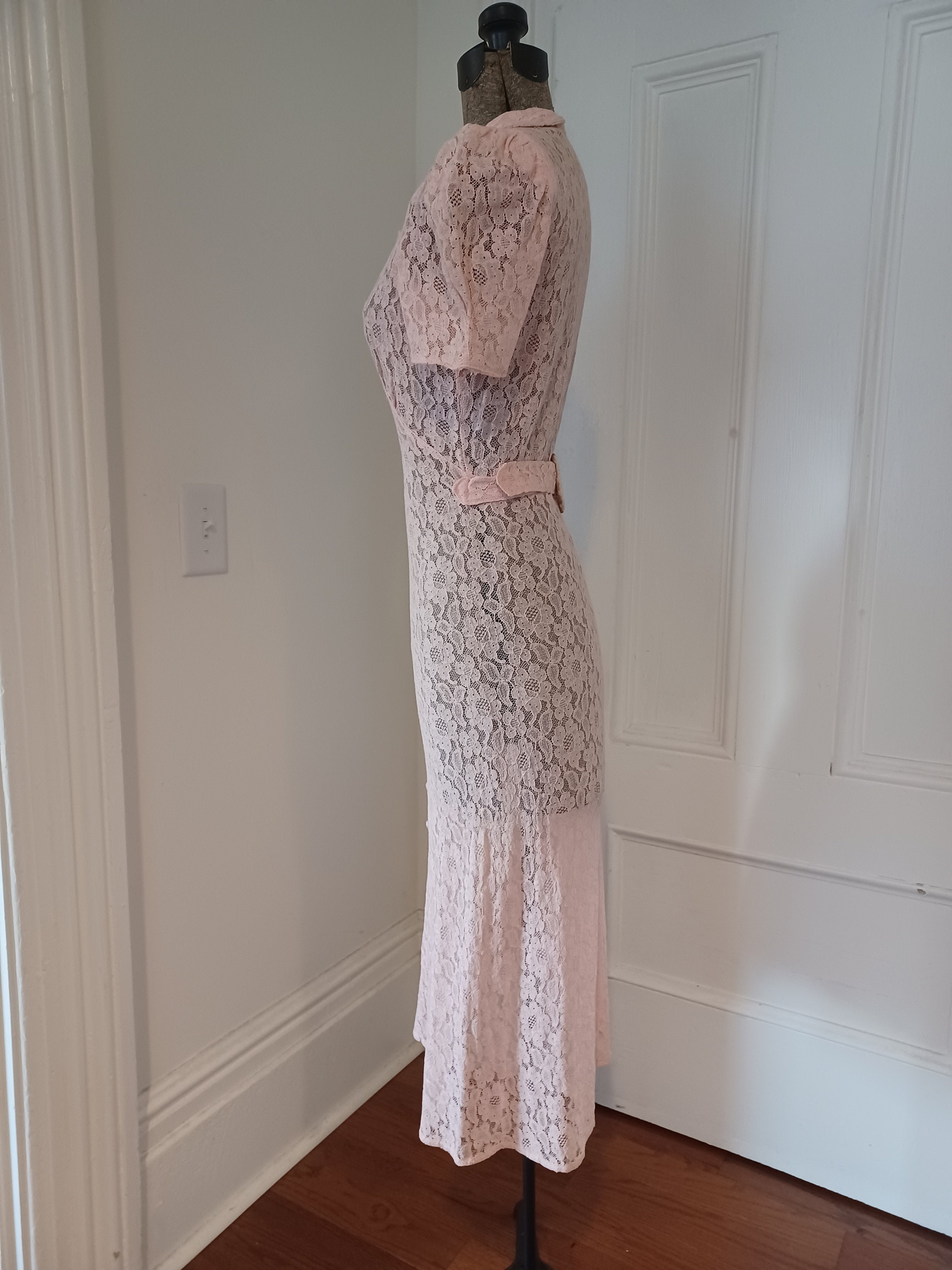 Amazing 1930s Unlabeled Pink Light Woven Cotton Tiered Applique Dress w Amazing Sleeves