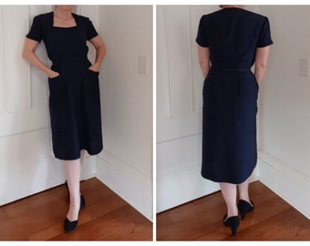 Early 1950s Navy Blue Silk Wiggle Dress w/Original Belt - "A Five-Thirty PM Fashion"