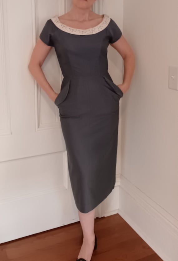 grey wiggle dress Early 1950s Charcoal Gray Wiggle Dress With Pockets and Bead Accents