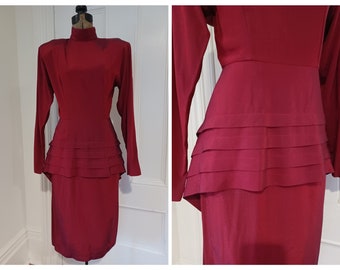 Early 1980's "Does" 1940s Peplum Dress - "April Rain" (S)