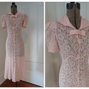 1930s Pink Lace Dress with Fabric Covered Buttons and Attached Half Belt