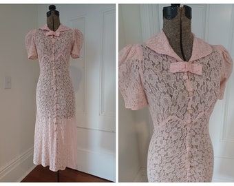 1930s Pink Lace Dress with Fabric Covered Buttons and Attached Half Belt