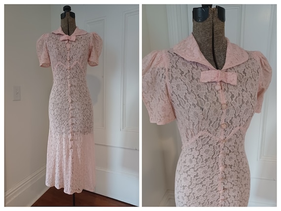 1930s Pink Lace Dress with Fabric Covered Buttons… - image 1