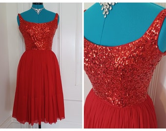 Late 1950s Red Sequin and Chiffon Party Dress (S/XS)