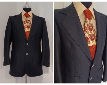 1970s Men's Black Wide Lapel Sport Coat with Double Back Vents - "Harmony" (38)