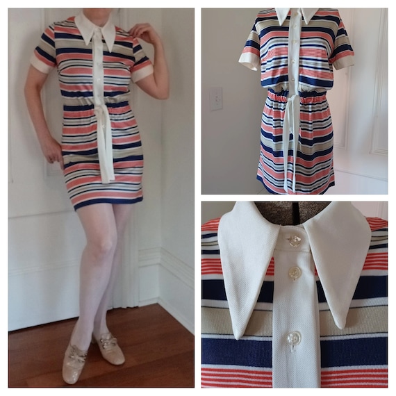 1970s Mini Dress with Dagger Collar and Tie Waist… - image 1