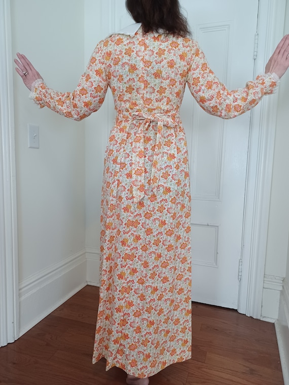 1970s Orange on White Calico Maxi Dress with Puri… - image 4