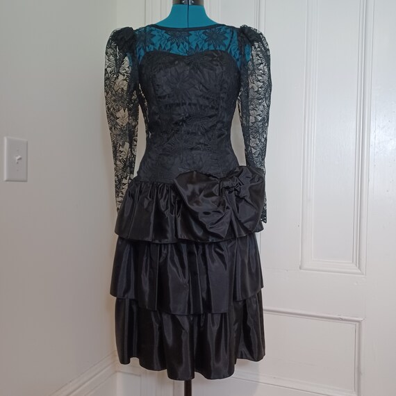 1980s Black Lacy Formal Dress with Tiered Taffeta Skirt - JC Penney (S/M) 1980s Black Lacy Formal Dress with Tiered Taffeta Skirt - JC Penney (S/M)