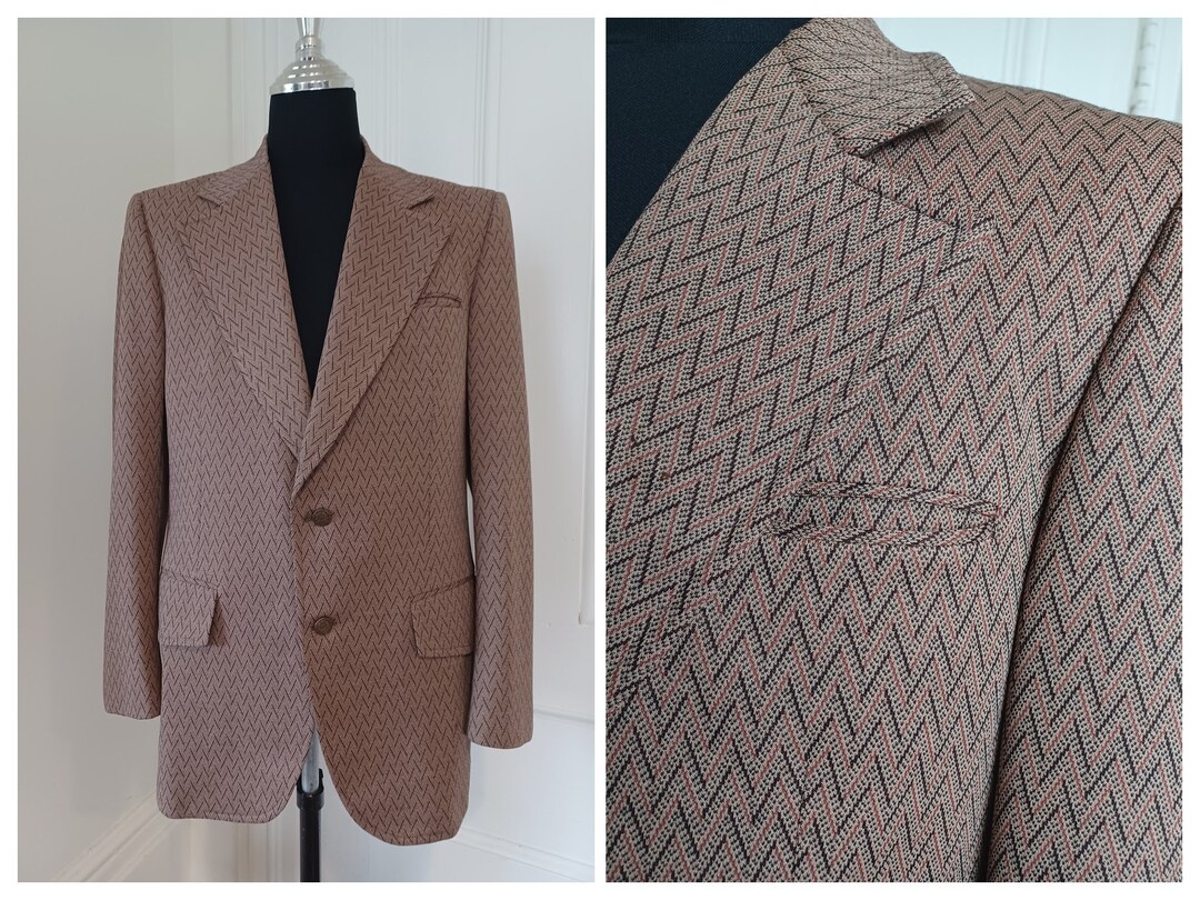1970s Polyester Sport Coat With Herringbone Pattern Weave Etsy