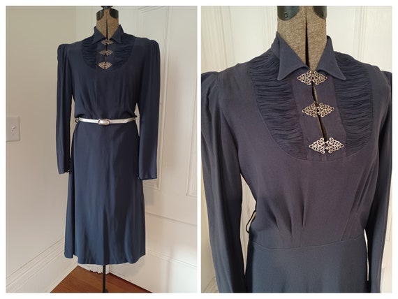 Late 1930s/Early 1940s Blue Crepe Rayon Dress wit… - image 1