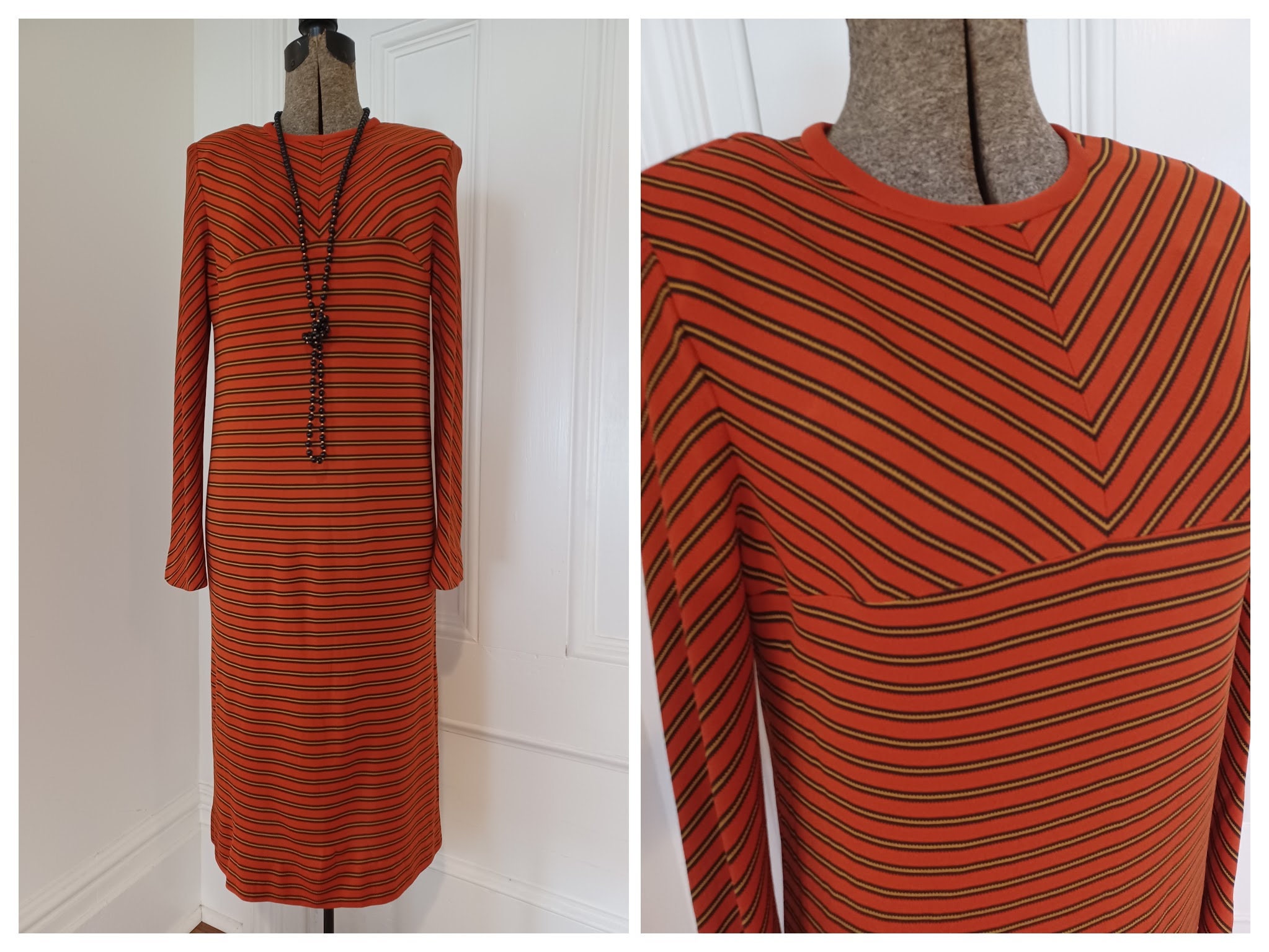 60s -70s Jewelry – Necklaces, Earrings, Rings, Bracelets Early 1960S Striped Jersey Sheath Dress - Guy D. By Leo Narducci $60.00 AT vintagedancer.com