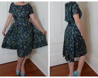 1950s Layered Wiggle Dress with Back Draping and Pleats