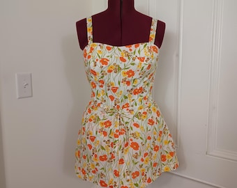 1960's Women's Skirted Swimsuit in Floral Print Cotton - "Ceeb of Miami" (L)