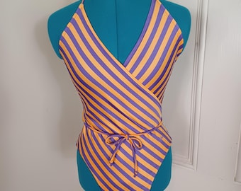 1980's Women's One-Piece Swimsuit with Tied Waist - "Bolt" (S)