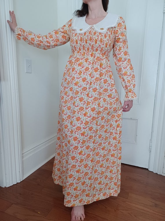 1970s Orange on White Calico Maxi Dress with Puri… - image 2