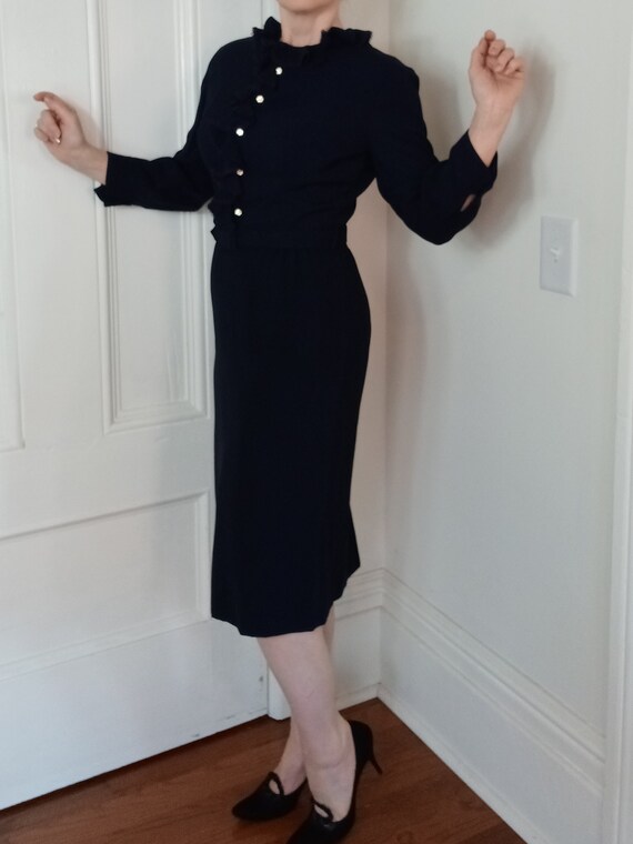 Navy Short Sleeves Button 1950s Dress