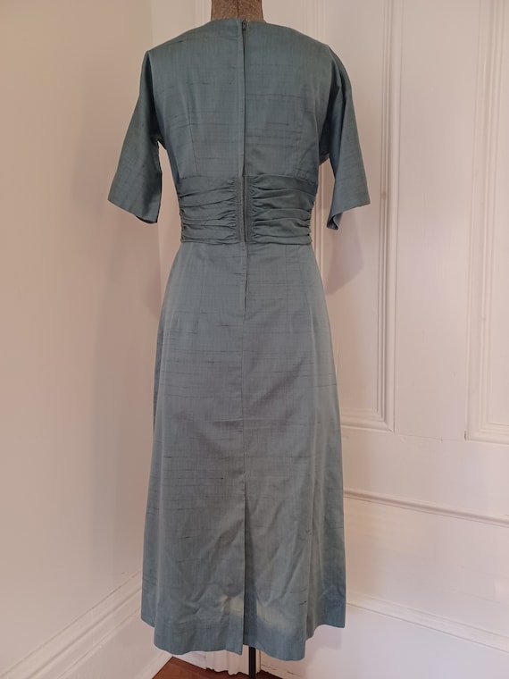 1950s Steel Blue Silk Wiggle Dress with Cummerbun… - image 8