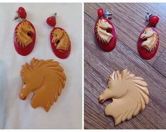 1940s Bakelite Horse Brooch and Earrings Set