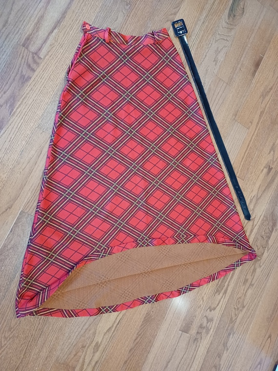 1970s Plaid Maxi Skirt with Patent Leather Belt - Gem