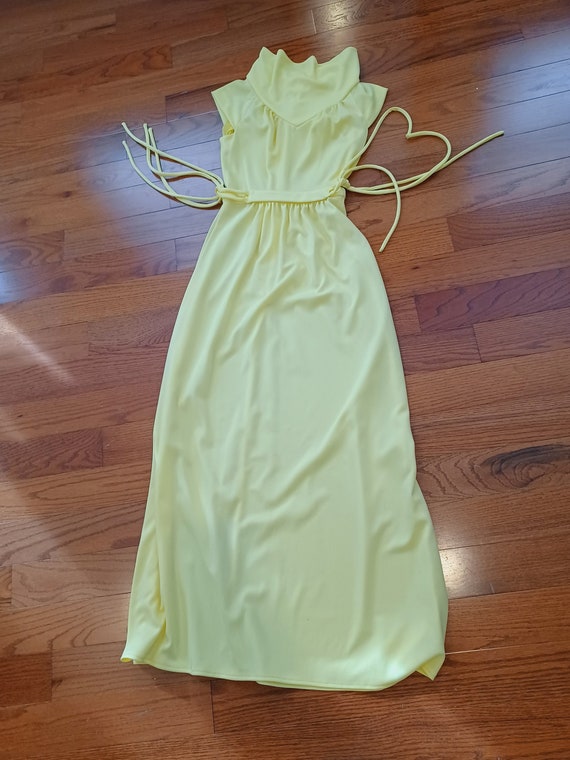 1970s Lemon Yellow Maxi Dress with Double Tie Wais