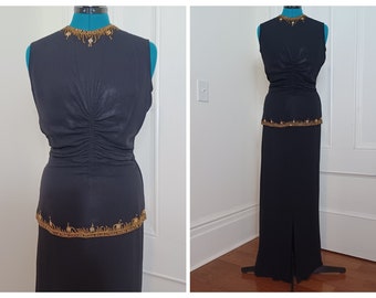 1940s Deco Style Crepe Evening Gown with Gold Trim (S/M)